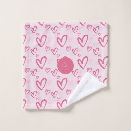 Losse Roze Hartpatroon Valentijn Monogram Bad Handdoek (Wasdoekje)