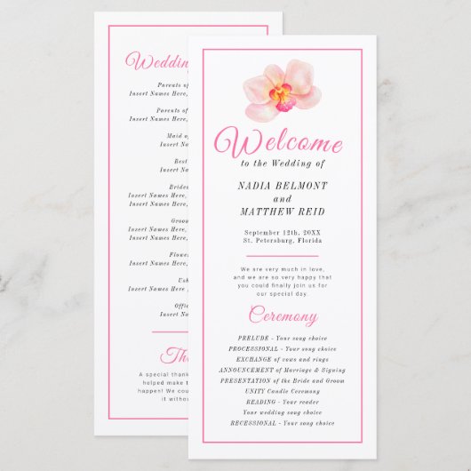 Losse waterverf orchidee bloem huwelijksceremonie programmakaart (Voorkant / Achterkant)