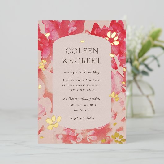 Losse Waterverf Roze Floral Gold Folie Uitnodiging (Staand Voorkant)