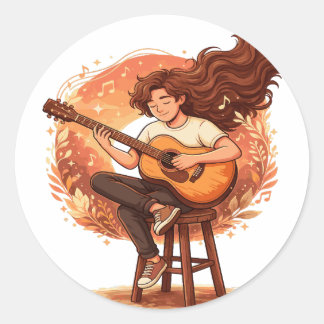 Lost In The Music Cozy Guitar Player Aesthetic Ill Ronde Sticker