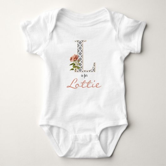 Lottie naam onthaal Floral Letter L Girl Whimsical Romper (Voorkant)