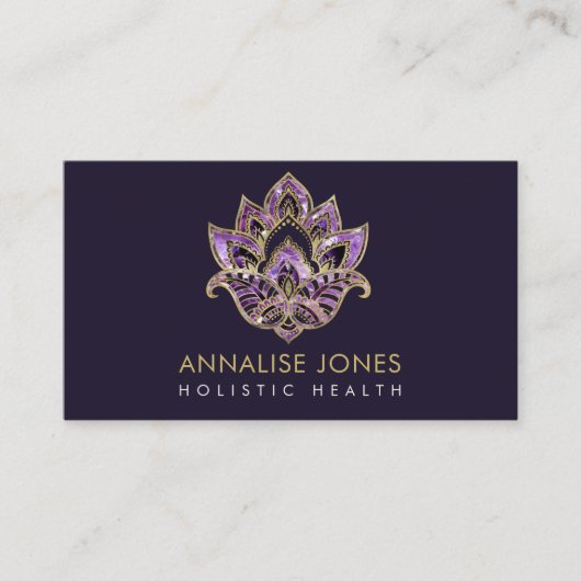 Lotus - Amethyst textuur en gouden versierd Visitekaartje (Voorkant)
