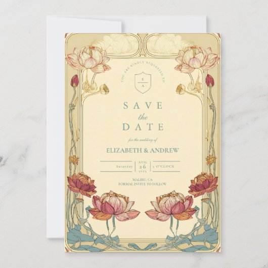 Lotus Art Nouveau Floral Wedding Save The Date (Voorkant)