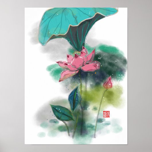 Lotus Asian Ink Art Print Poster (Voorkant)