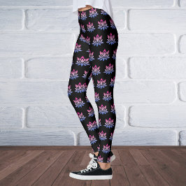 Lotus bloem blauw roze op zwart leggings