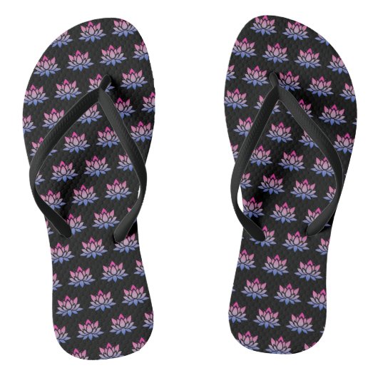 Lotus bloem blauw roze op zwart teenslippers (Voetbed)
