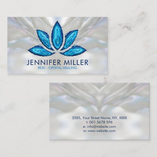 Lotus Bloem - Blauwe Agaat Geode op parel Visitekaartje (Voorkant / Achterkant)