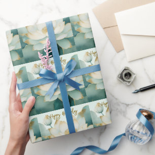 Lotus bloem gouden randen Happy Birthday Cadeaupapier