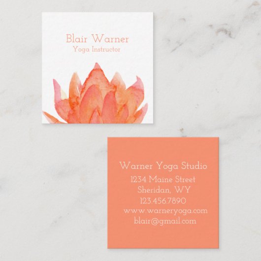 Lotus Bloem Sinaasappel Koraal Roze Waterverf Vierkante Visitekaartje (Voorkant / Achterkant)