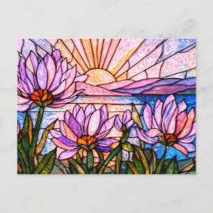 Lotus Bloem Waterlelie Roze Paars Oranje Zonsonder Briefkaart