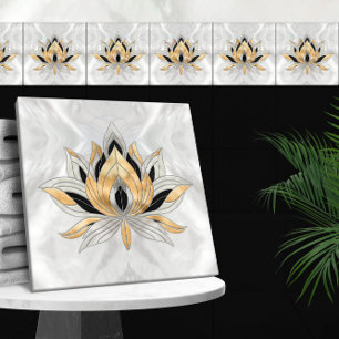 Lotus Bloem - Zwart, Parel en Goud Tegeltje