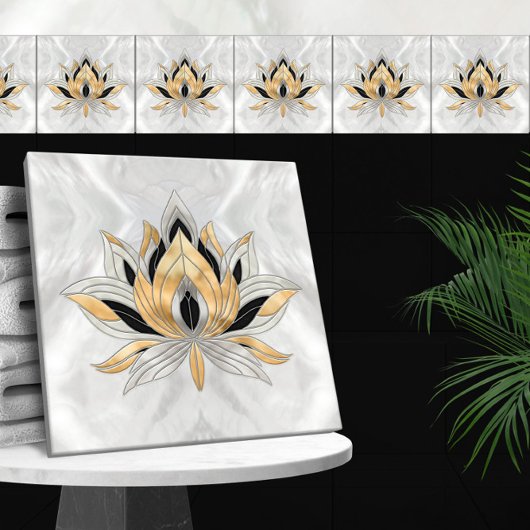 Lotus Bloem - Zwart, Parel en Goud Tegeltje