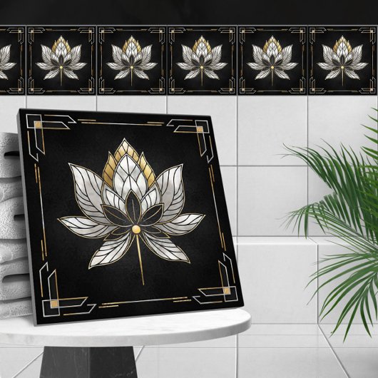 Lotus Bloem - Zwart, Parel en Goud Tegeltje