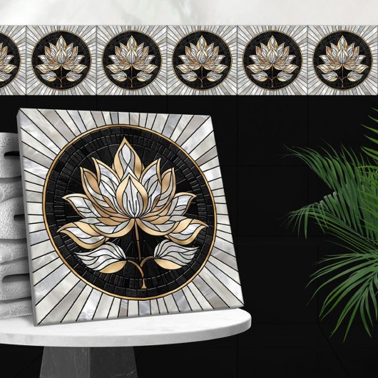 Lotus Bloem - Zwart, Parel en Goud Tegeltje