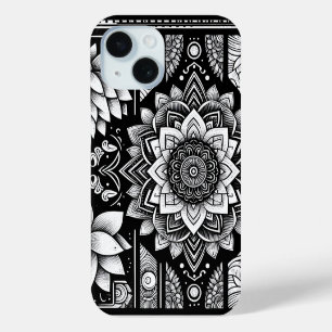 Lotus Bloemen en Mandala's in zwart en wit iPhone 15 Case