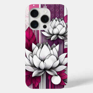 Lotus bloemen in Magenta zwart en wit iPhone 15 Pro Case