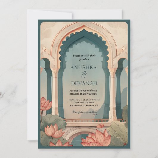  Lotus Bloemenboog Indische QR Code Huwelijk Kaart (Voorkant)