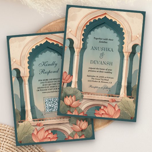  Lotus Bloemenboog Indische QR Code Huwelijk Kaart