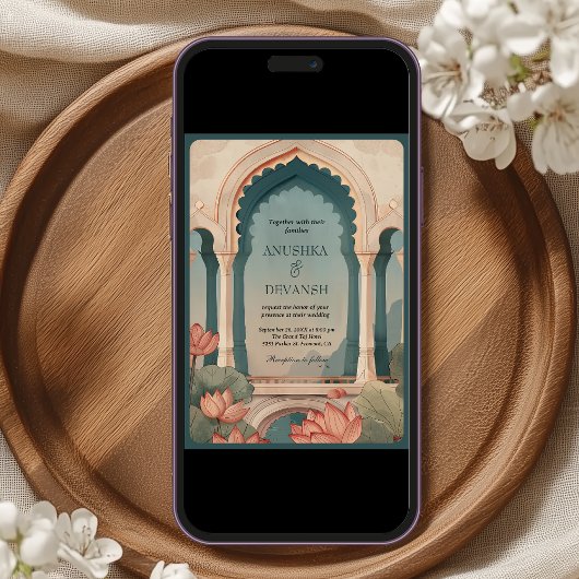 Lotus Bloemenboog Indische QR Code Huwelijk Kaart