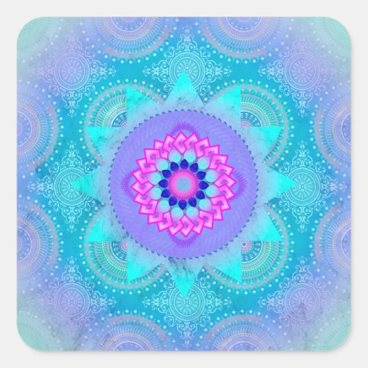 Lotus Bloom Turquoise Mandala Vierkante Sticker (Voorkant)