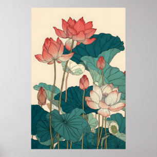 Lotus botanische print — vintage bloemenschilderin