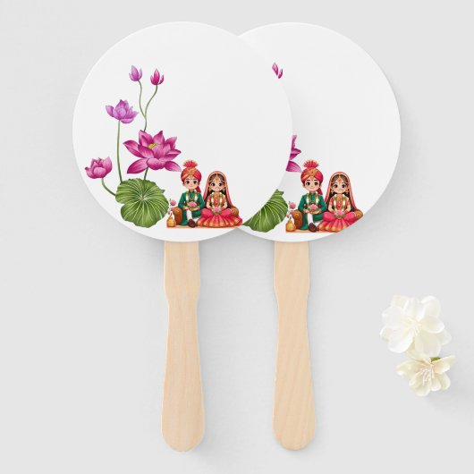 Lotus, bruid en bruidegom afbeelding handwaaier (Voorkant en achterkant)