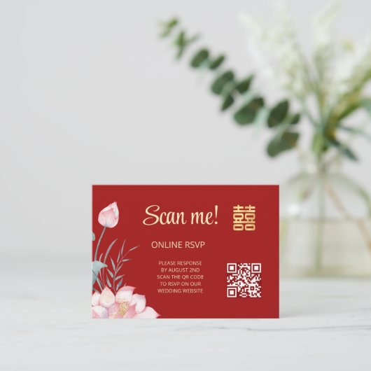 Lotus Chinese bruiloft QR Code RSVP Online Informatiekaartje (Staand voorkant)