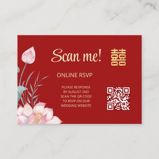 Lotus Chinese bruiloft QR Code RSVP Online Informatiekaartje (Voorkant)
