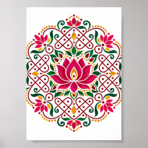 Lotus Diya Kolam Rangoli Indiase Bloemrijke Festiv Poster
