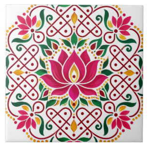 Lotus Diya Kolam Rangoli Indiase Bloemrijke Festiv Tegeltje