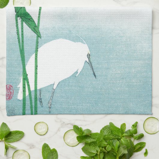 Lotus en witte reiger, Koson, Ukiyo-e Theedoek (Gevouwen)