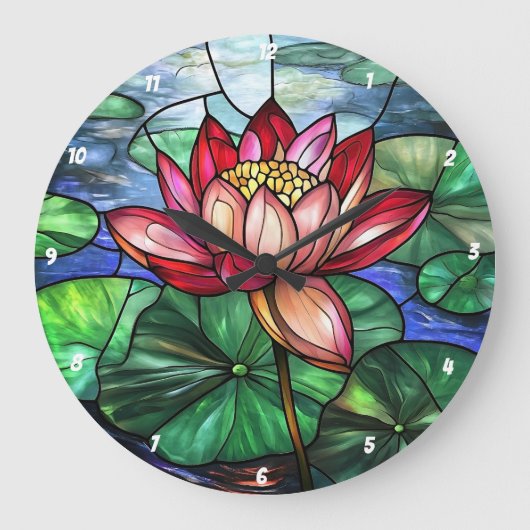 Lotus Floral Pond Glas in lood Grote Klok (Voorkant)