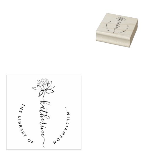 Lotus Flower Elegant Script Custom Name Library Ru Rubberstempel (Gestempeld)