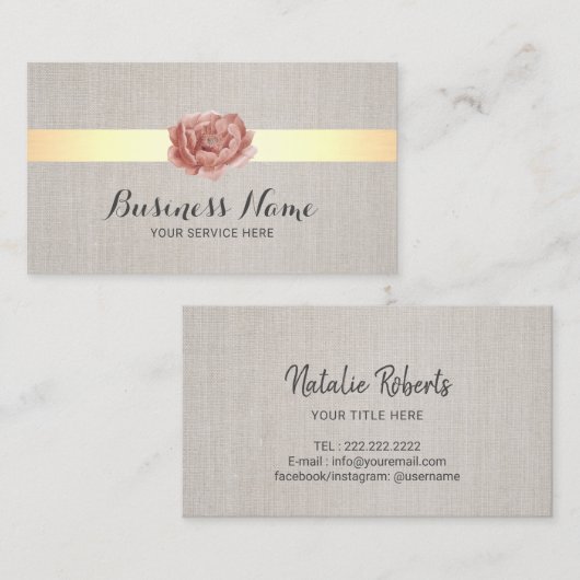 Lotus Flower Gold Stripe Elegant Linen Salon Spa Visitekaartje (Voorkant / Achterkant)