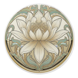 Lotus Flower Green Cream Gold Art Deco Nouveau Keramische Knop