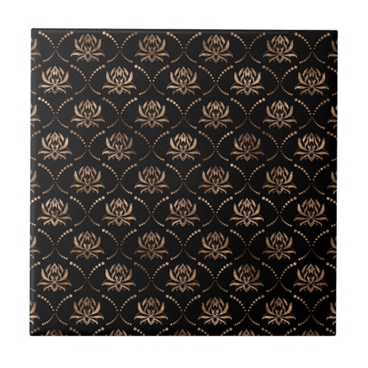Lotus Flower Luxury-patroon - zwart en goud Tegeltje (Voorkant)