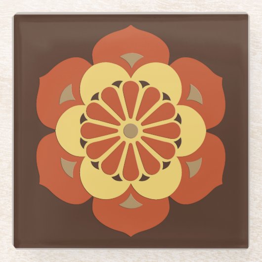 Lotus Flower Mandala, Brown, Rust and Yellow Glazen Onderzetter (Voorkant)