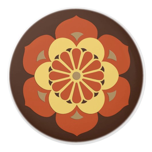 Lotus Flower Mandala, Brown, Rust and Yellow Keramische Knop (Voorkant)