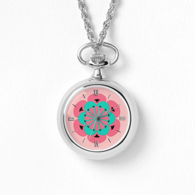 Lotus Flower Mandala, Coral Pink en Turquoise Horloge (Voorkant)