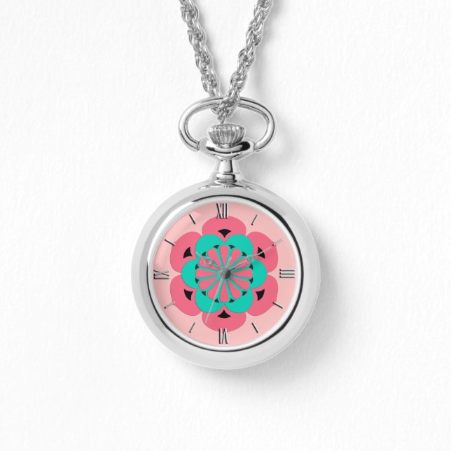 Lotus Flower Mandala, Coral Pink en Turquoise Horloge (Voorkant)