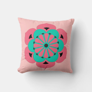 Lotus Flower Mandala, Coral Pink en Turquoise Kussen