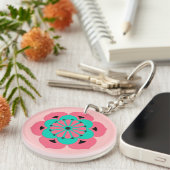 Lotus Flower Mandala, Coral Pink en Turquoise Sleutelhanger (Voorkant Rechts)