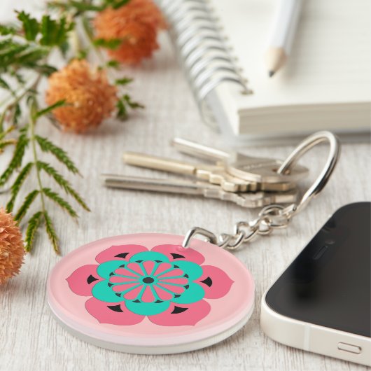 Lotus Flower Mandala, Coral Pink en Turquoise Sleutelhanger (Voorkant Rechts)