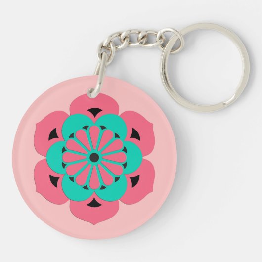 Lotus Flower Mandala, Coral Pink en Turquoise Sleutelhanger (Achterkant)