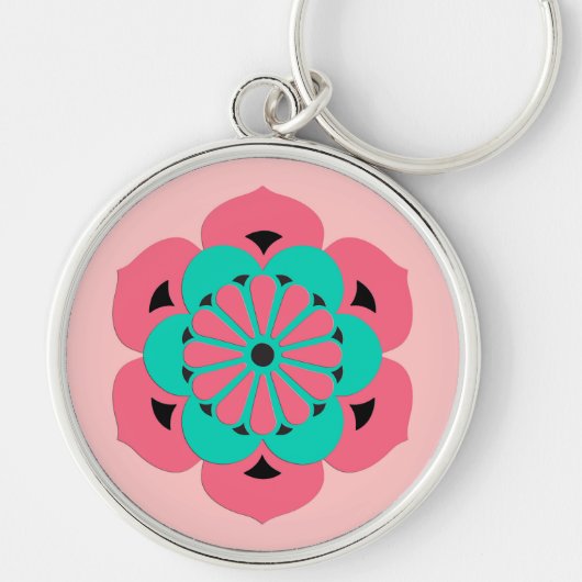 Lotus Flower Mandala, Coral Pink en Turquoise Sleutelhanger (Voorkant)