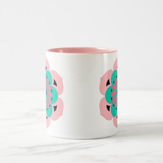 Lotus Flower Mandala, Coral Pink en Turquoise Tweekleurige Koffiemok (Center)