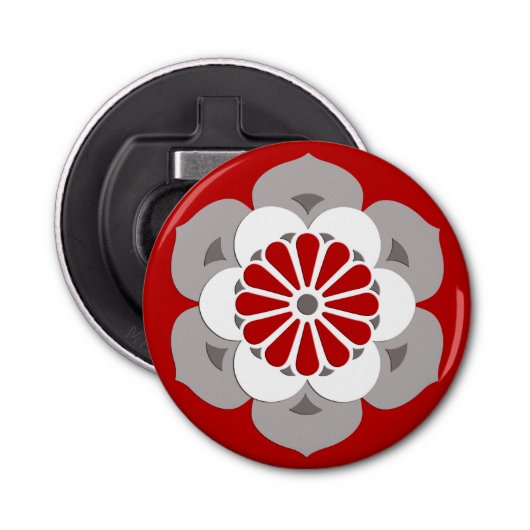 Lotus Flower Mandala, Dark Red, Grey and White Button Flesopener (Voorkant)