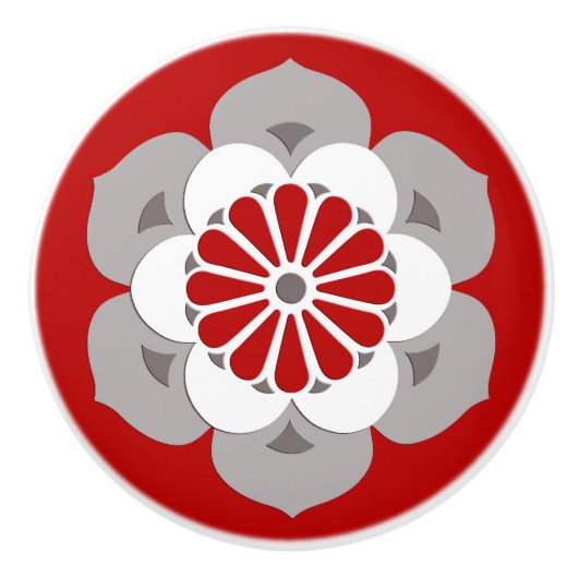 Lotus Flower Mandala, Dark Red, Grey and White Keramische Knop (Voorkant)