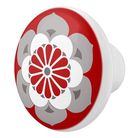 Lotus Flower Mandala, Dark Red, Grey and White Keramische Knop (Rechts)