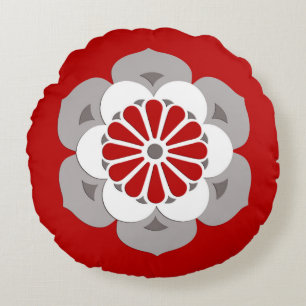 Lotus Flower Mandala, Dark Red, Grey and White Rond Kussen